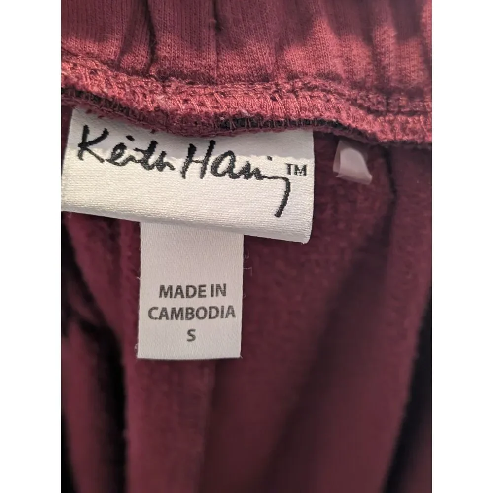 Keith Haring Burgundy Jogger Pants Men's Small Graphic Logo Drawstring Casual  D